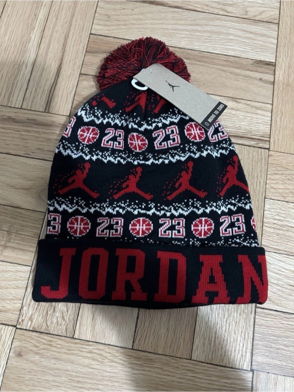 Jordan Jumpman Ugly Sweater Black/Red Pom Pom Beanie Hat FN4673-010 Adult OS